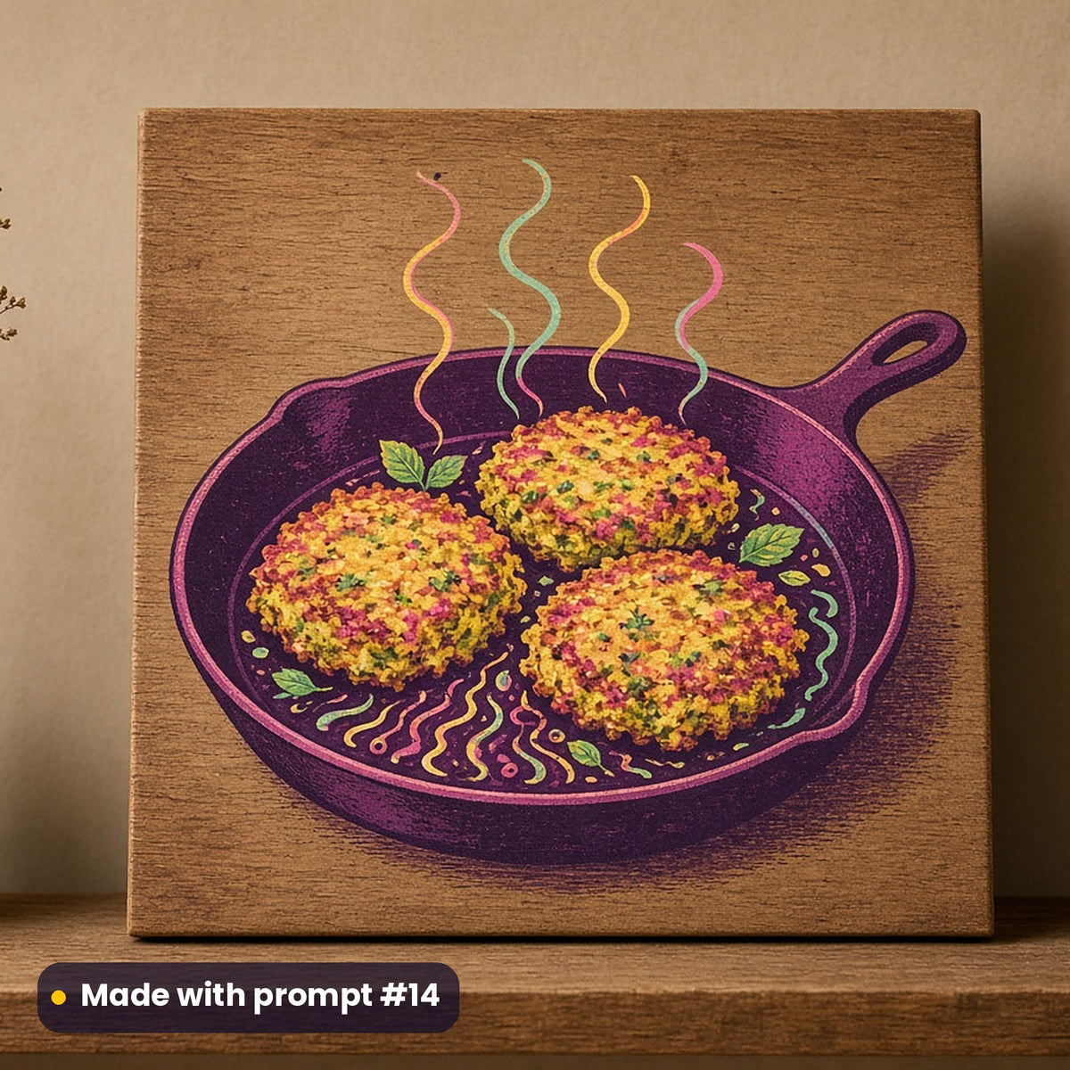 Boxing Day artwork printed on a UV-printed wooden plaque: bubble and squeak in a pan, minimal bold graphic style, made with prompt #14 from this pack
