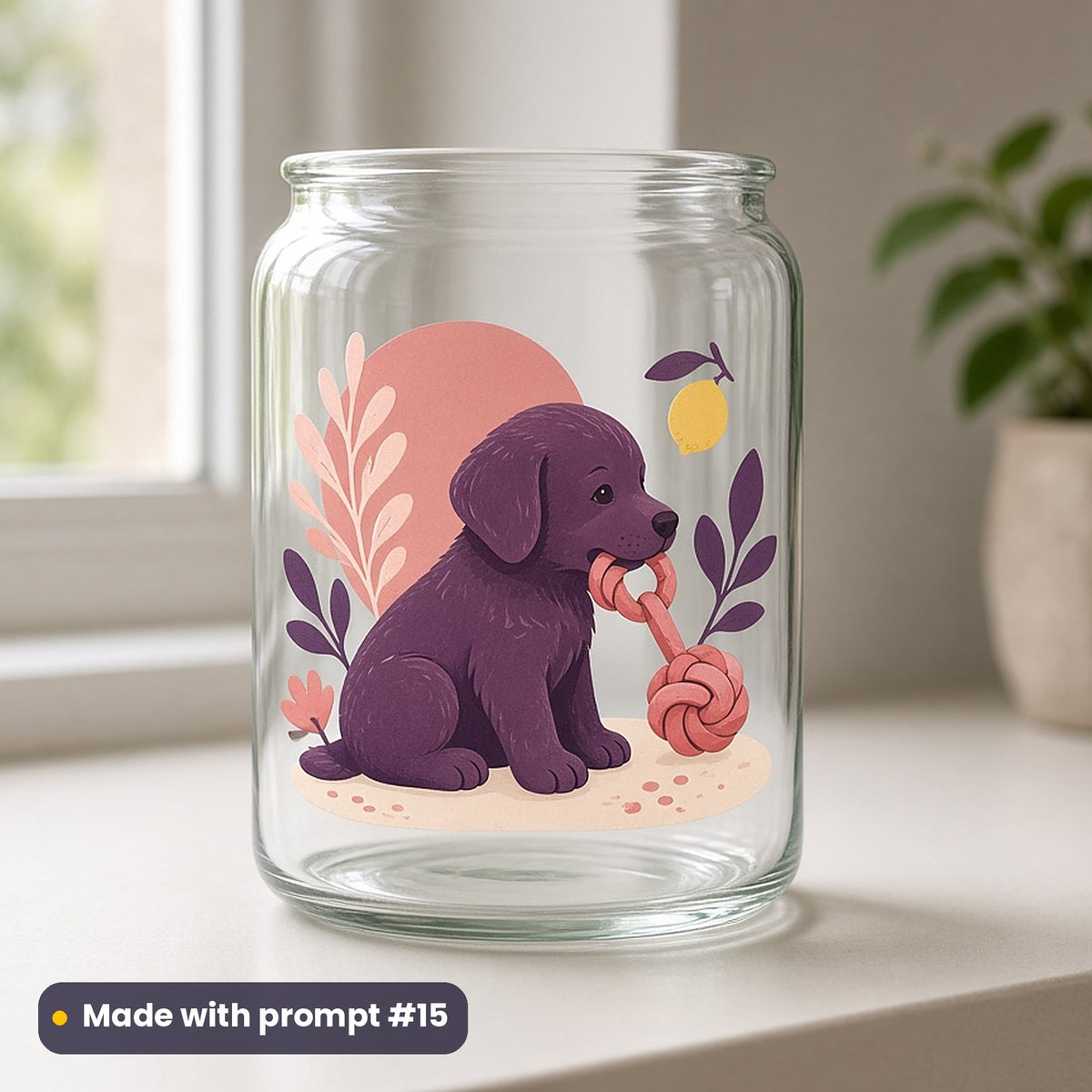 Boxing Day artwork printed on a UV DTF decal on glass: cute puppy with a new chew toy, modern scandinavian style, made with prompt #15 from this pack