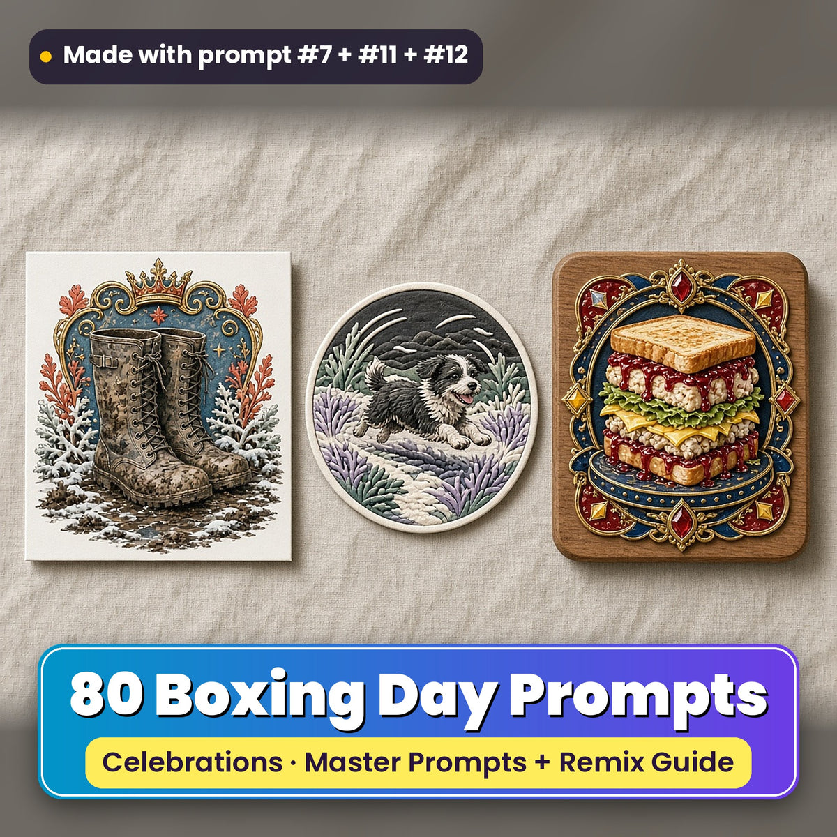 Boxing Day prompt pack: 80 master prompts + Remix Guide, with a UV-printed greeting card, acrylic ornament and mug set made with prompts #7, #11 and #12