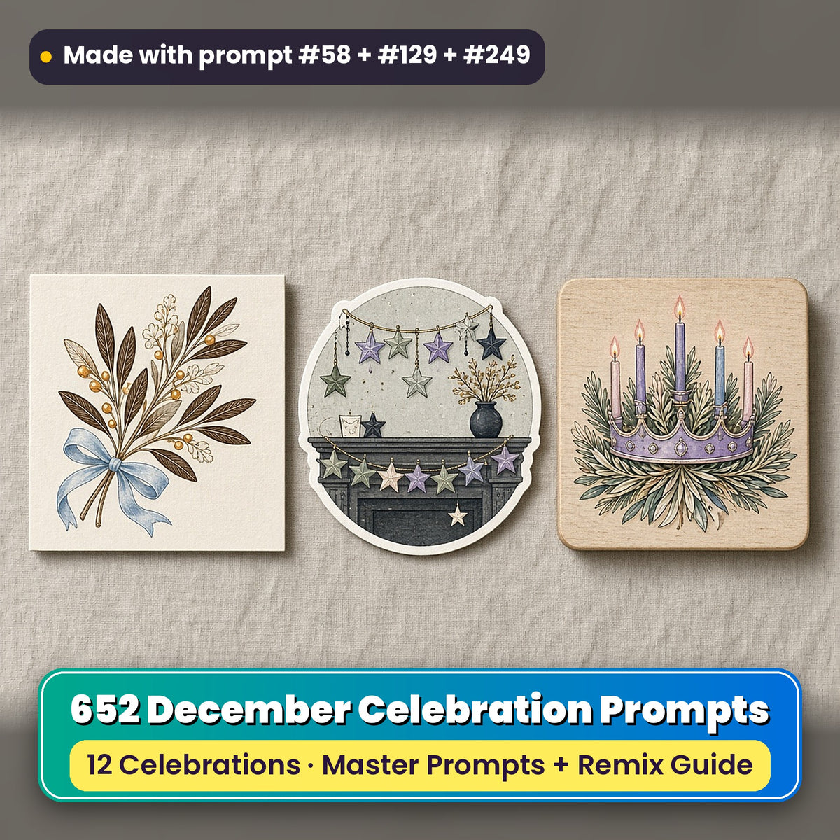 December Celebrations prompt bundle: 652 master prompts + Remix Guide, with a UV-printed greeting card, acrylic ornament and mug set made with prompts #58, #129 and #249