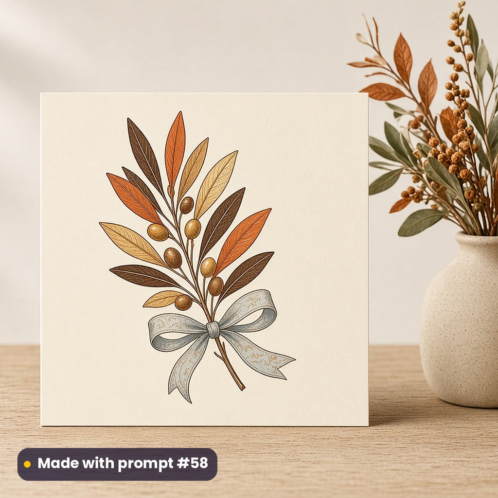 Hanukkah artwork printed on a flat-printed greeting card: olive sprig tied with a pale blue ribbon, elegant line & floral style, made with prompt #58 from this pack