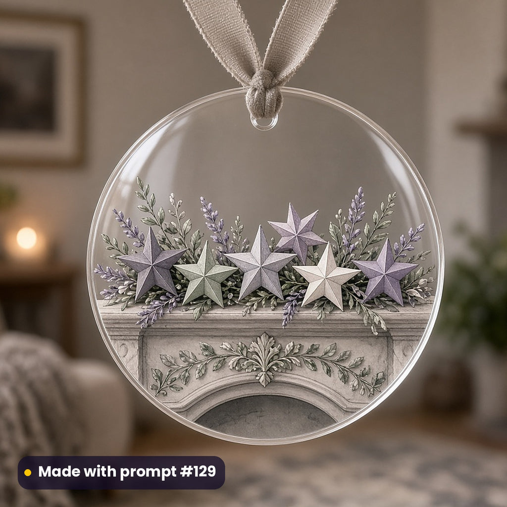 St Nicholas Day artwork printed on a UV-printed clear acrylic ornament: garland of paper stars over a mantel, vintage botanical style, made with prompt #129 from this pack