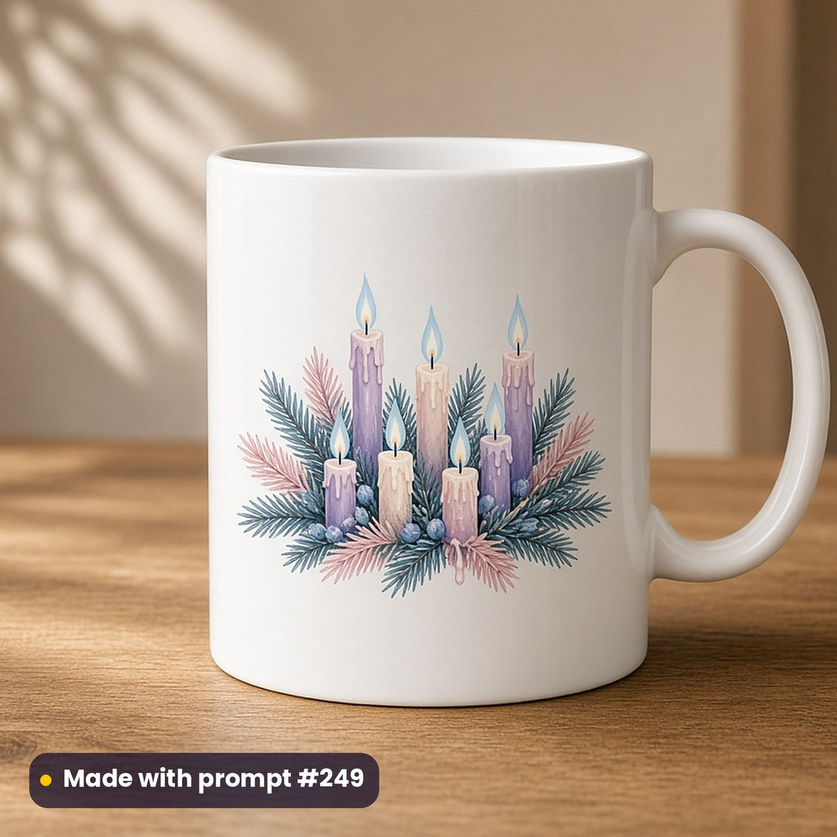 St Lucia's Day artwork printed on a UV-printed ceramic mug: crown of candles resting on evergreen leaves, modern scandinavian style, made with prompt #249 from this pack