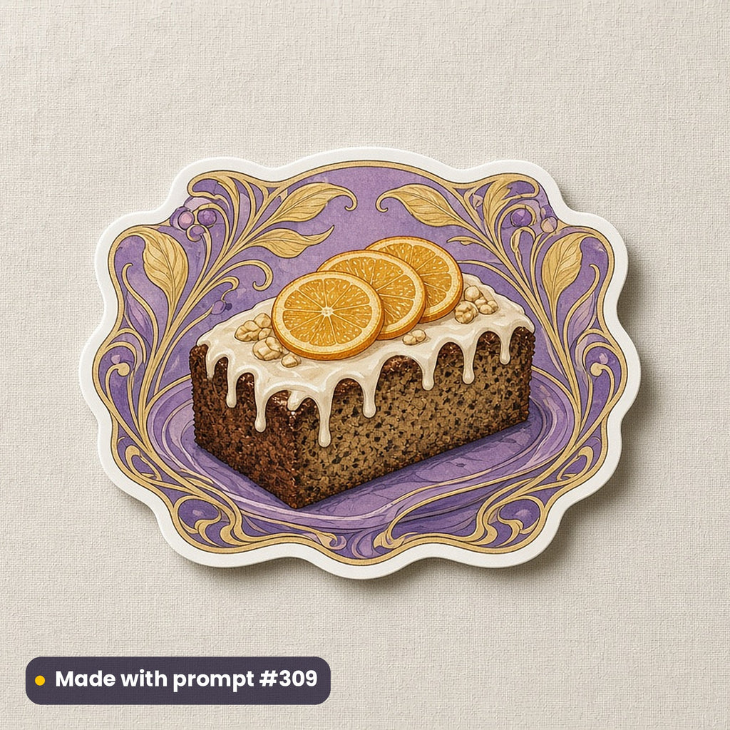 Winter Solstice & Yule artwork printed on a die-cut vinyl sticker: gingerbread spice cake with candied oranges, art nouveau style, made with prompt #309 from this pack