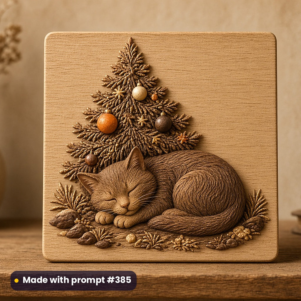 Christmas Eve artwork printed on a UV-printed wooden plaque: cat curled under the tree, handcrafted clay illusion style, made with prompt #385 from this pack