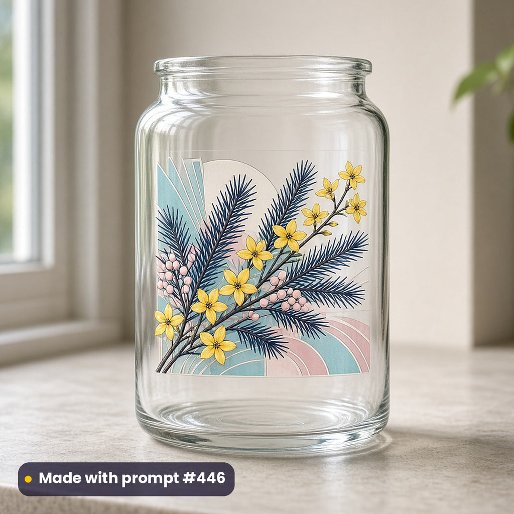 Christmas Day artwork printed on a UV DTF decal on glass: winter jasmine and pine bouquet, art deco style, made with prompt #446 from this pack