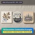 December Celebrations prompt bundle: 760 master prompts + Remix Guide, with a UV-printed greeting card, acrylic ornament and mug set made with prompts #58, #129 and #249