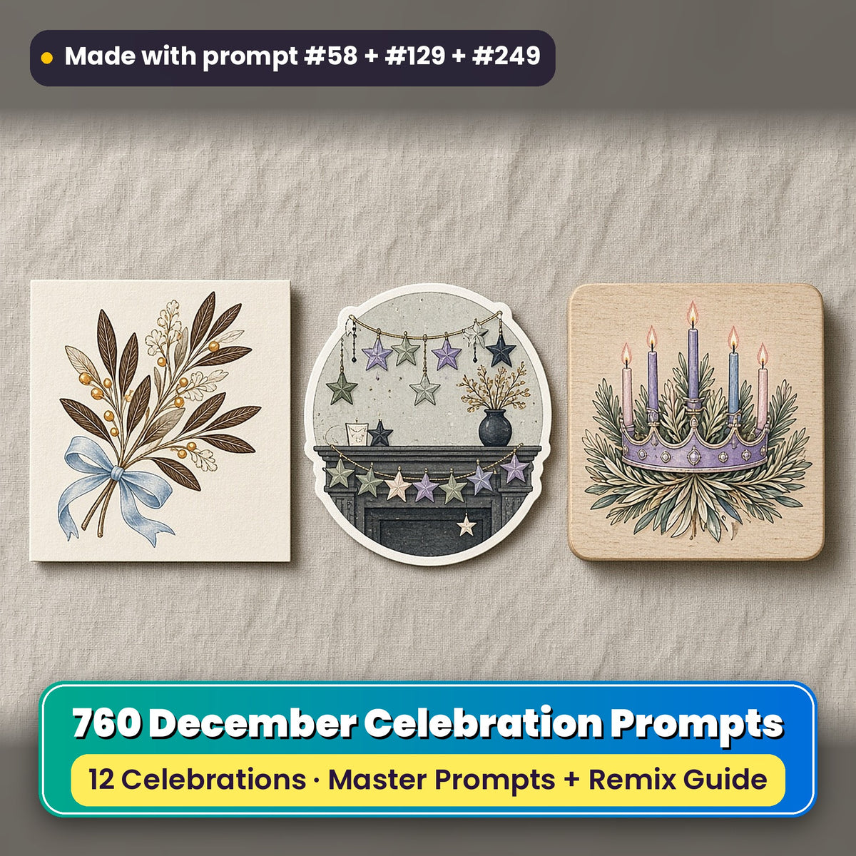 December Celebrations prompt bundle: 760 master prompts + Remix Guide, with a UV-printed greeting card, acrylic ornament and mug set made with prompts #58, #129 and #249