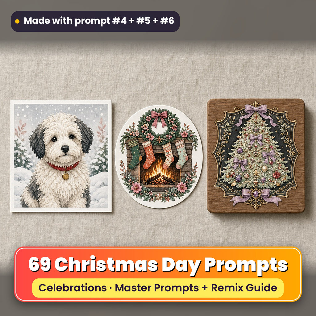 Christmas Day prompt pack: 69 master prompts + Remix Guide, with a UV-printed greeting card, acrylic ornament and mug set made with prompts #4, #5 and #6