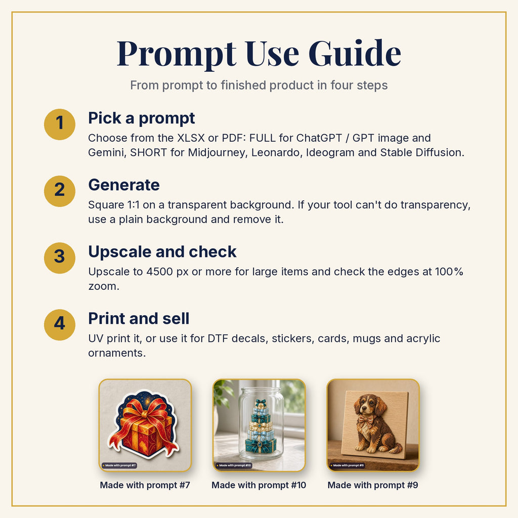 Prompt Use Guide: pick a prompt, generate, upscale and check, then print and sell, with example products made with prompts #7, #10 and #9