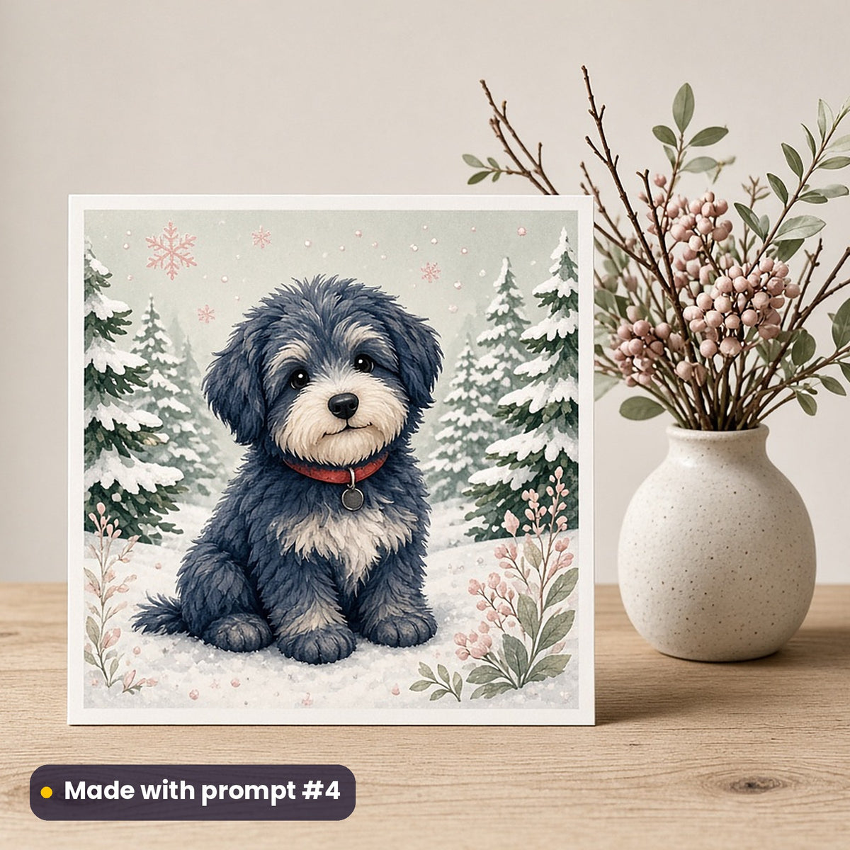 Christmas Day artwork printed on a flat-printed greeting card: sheepdog in the snow with a red collar, cute kawaii style, made with prompt #4 from this pack