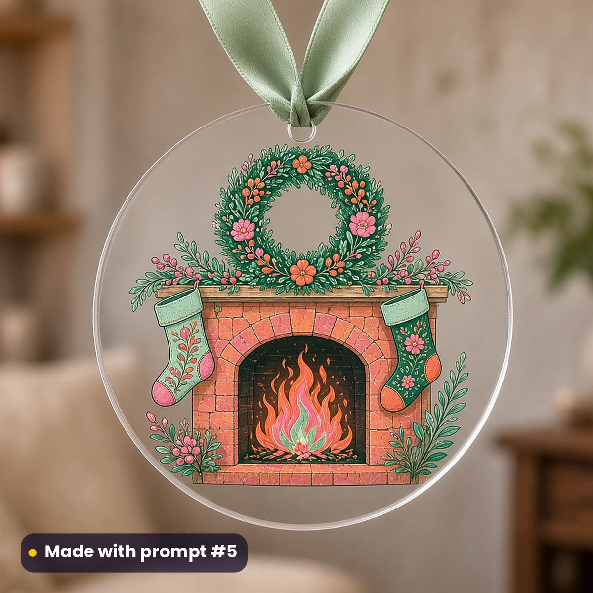 Christmas Day artwork printed on a UV-printed clear acrylic ornament: crackling fire with stockings and a wreath, elegant line & floral style, made with prompt #5 from this pack