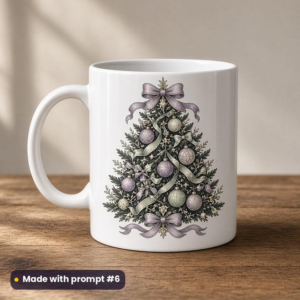 Christmas Day artwork printed on a UV-printed ceramic mug: decorated Christmas tree with ribbons and baubles, vintage botanical style, made with prompt #6 from this pack