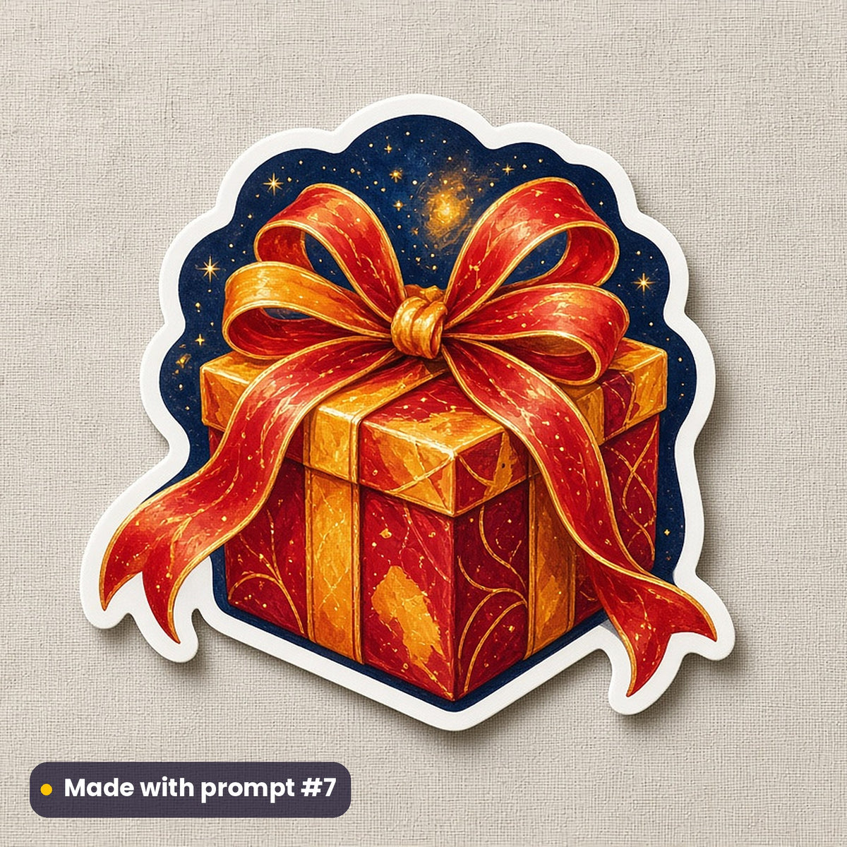 Christmas Day artwork printed on a die-cut vinyl sticker: red and gold ribbon bow on a present, fantasy luminous style, made with prompt #7 from this pack