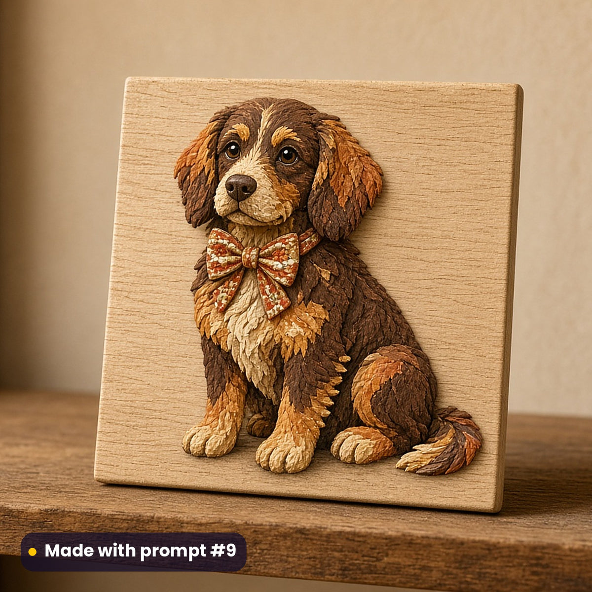 Christmas Day artwork printed on a UV-printed wooden plaque: dog wearing a festive bow tie, handcrafted clay illusion style, made with prompt #9 from this pack