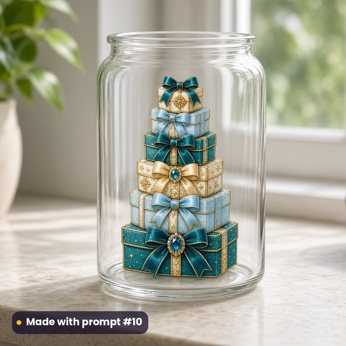 Christmas Day artwork printed on a UV DTF decal on glass: tower of wrapped gifts with velvet bows, luxury enamel & gemstone style, made with prompt #10 from this pack