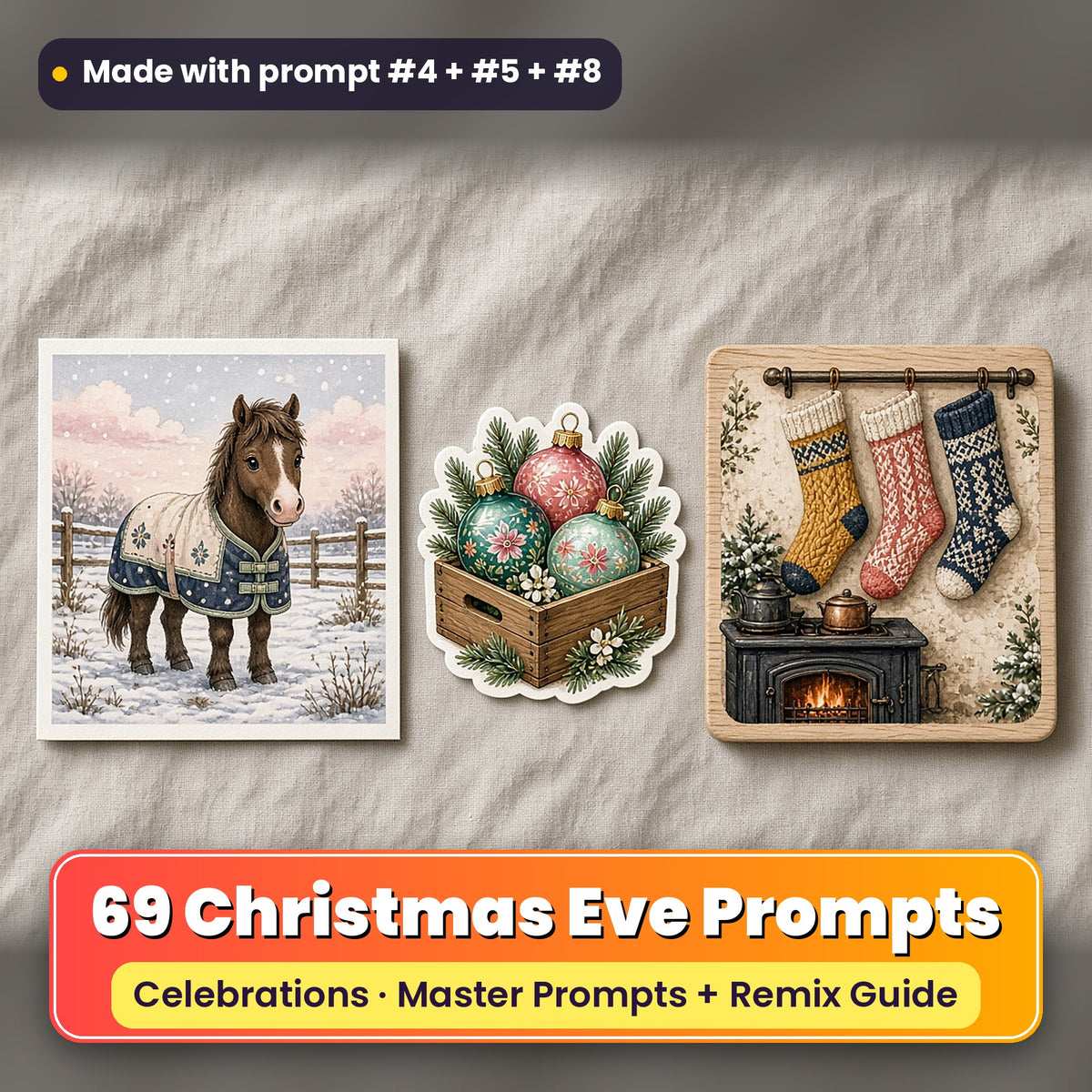 Christmas Eve prompt pack: 69 master prompts + Remix Guide, with a UV-printed greeting card, acrylic ornament and mug set made with prompts #4, #5 and #8