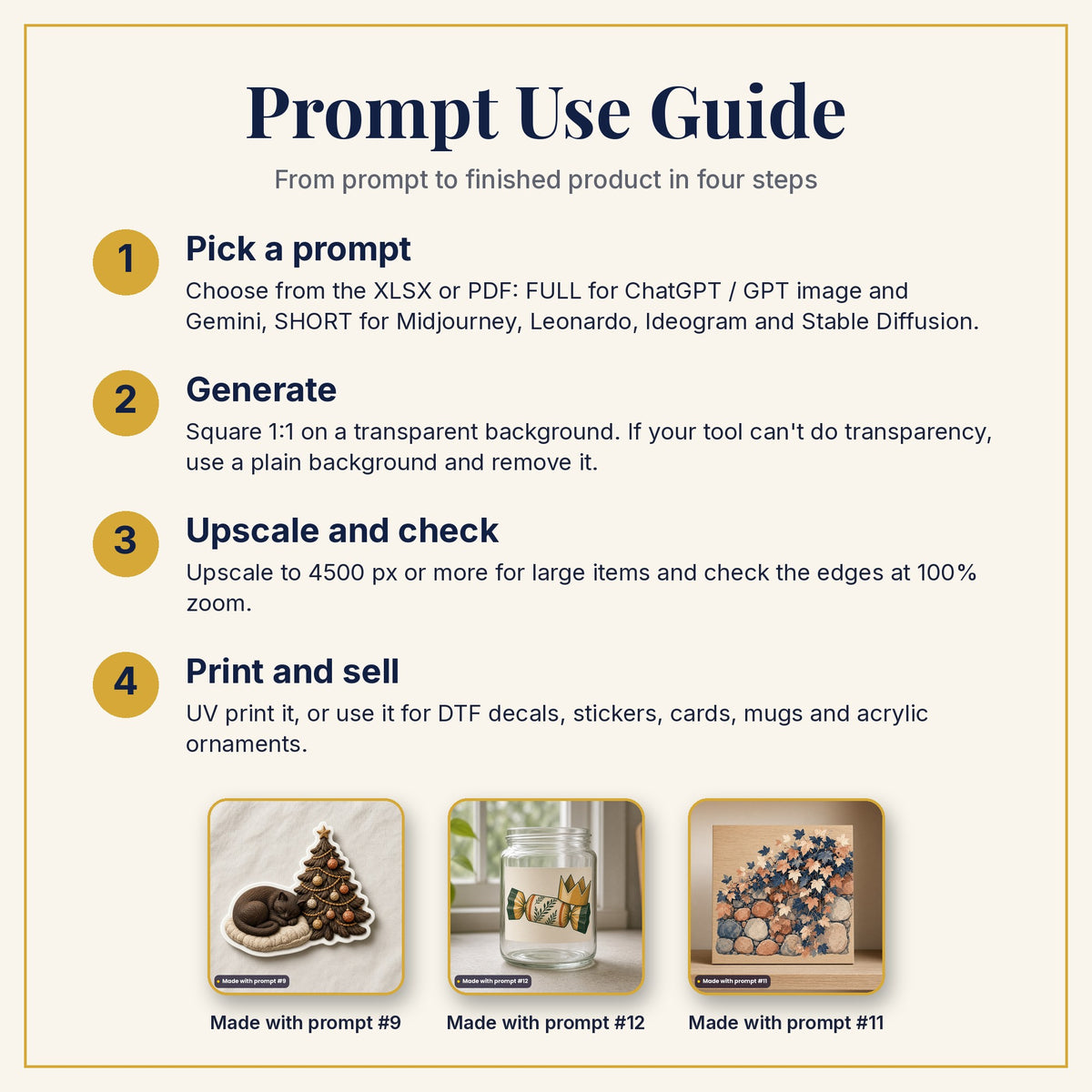 Prompt Use Guide: pick a prompt, generate, upscale and check, then print and sell, with example products made with prompts #9, #12 and #11