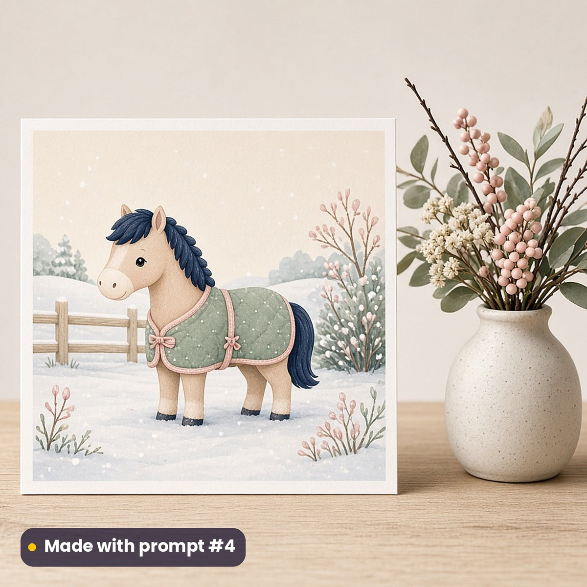 Christmas Eve artwork printed on a flat-printed greeting card: horse in a snowy paddock with a blanket, cute kawaii style, made with prompt #4 from this pack