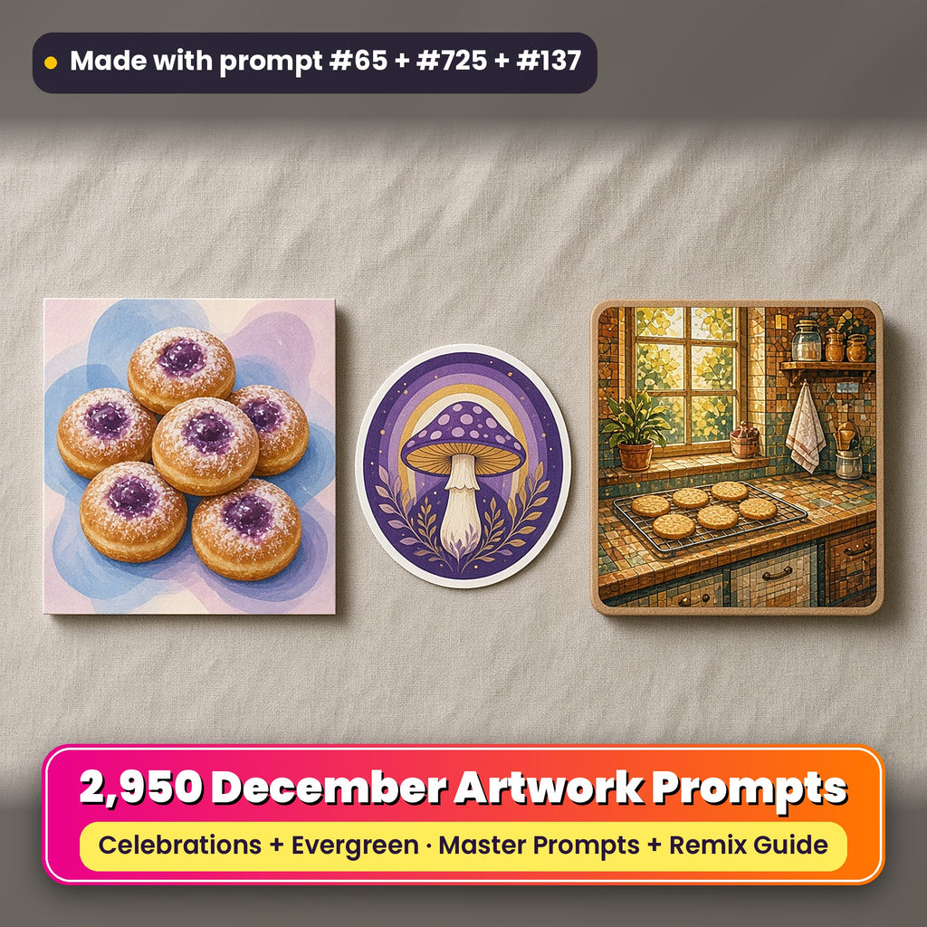 Complete December prompt library: 2,950 master prompts + Remix Guide, with a UV-printed greeting card, acrylic ornament and mug set made with prompts #65, #725 and #137