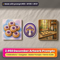 Complete December prompt library: 2,950 master prompts + Remix Guide, with a UV-printed greeting card, acrylic ornament and mug set made with prompts #65, #725 and #137