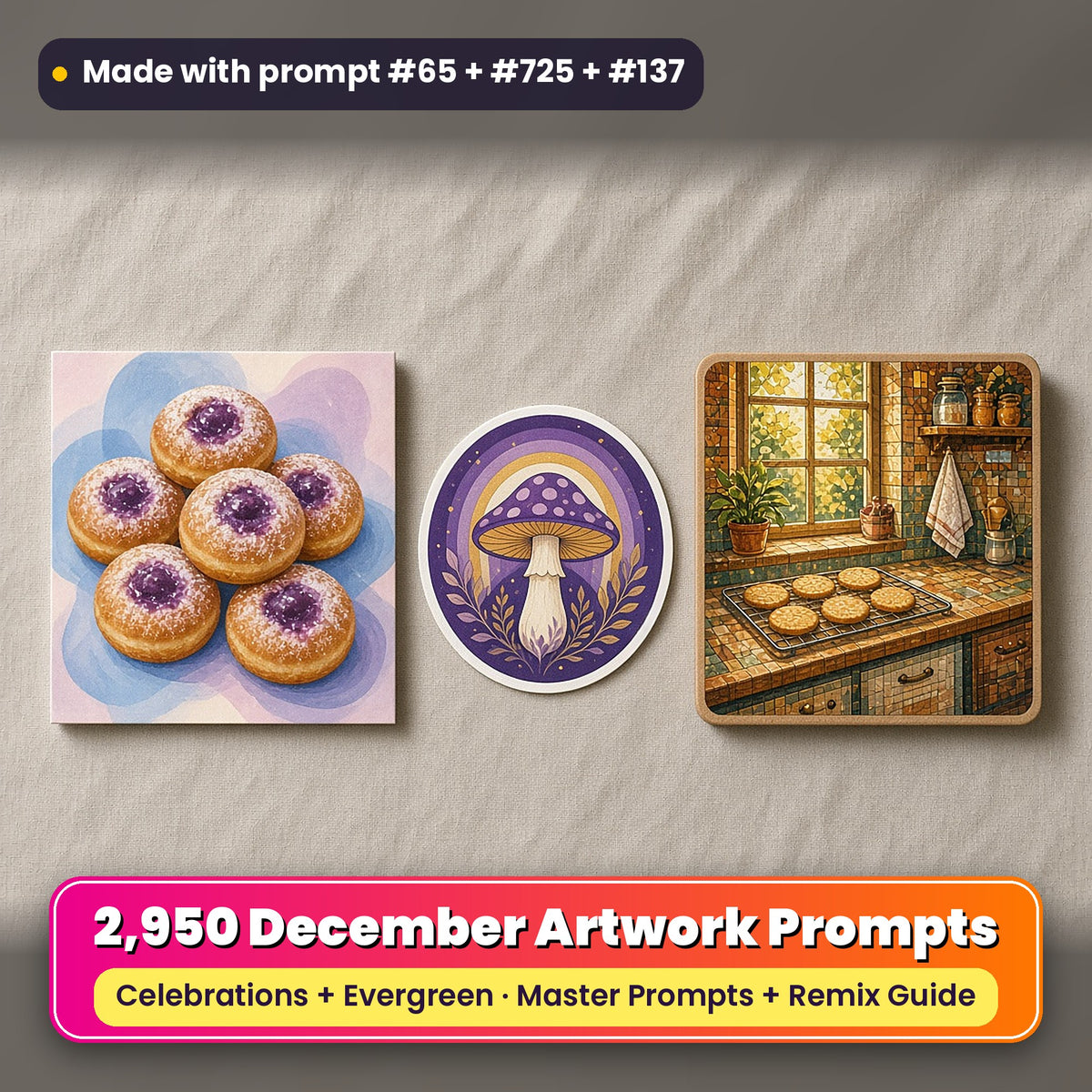 Complete December prompt library: 2,950 master prompts + Remix Guide, with a UV-printed greeting card, acrylic ornament and mug set made with prompts #65, #725 and #137