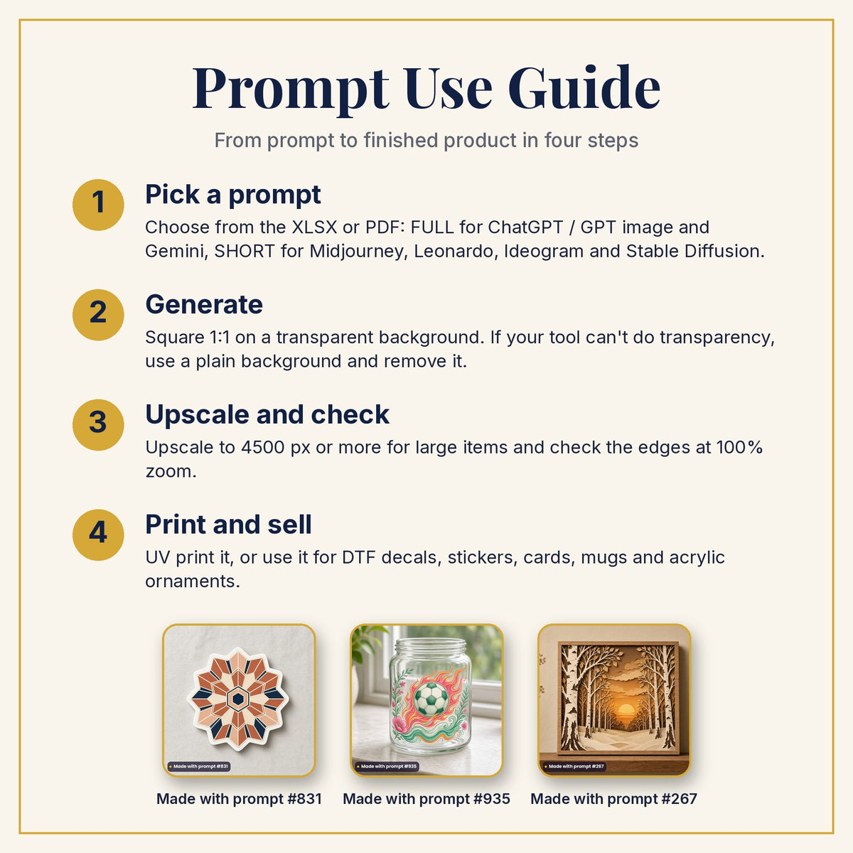 Prompt Use Guide: pick a prompt, generate, upscale and check, then print and sell, with example products made with prompts #831, #935 and #267
