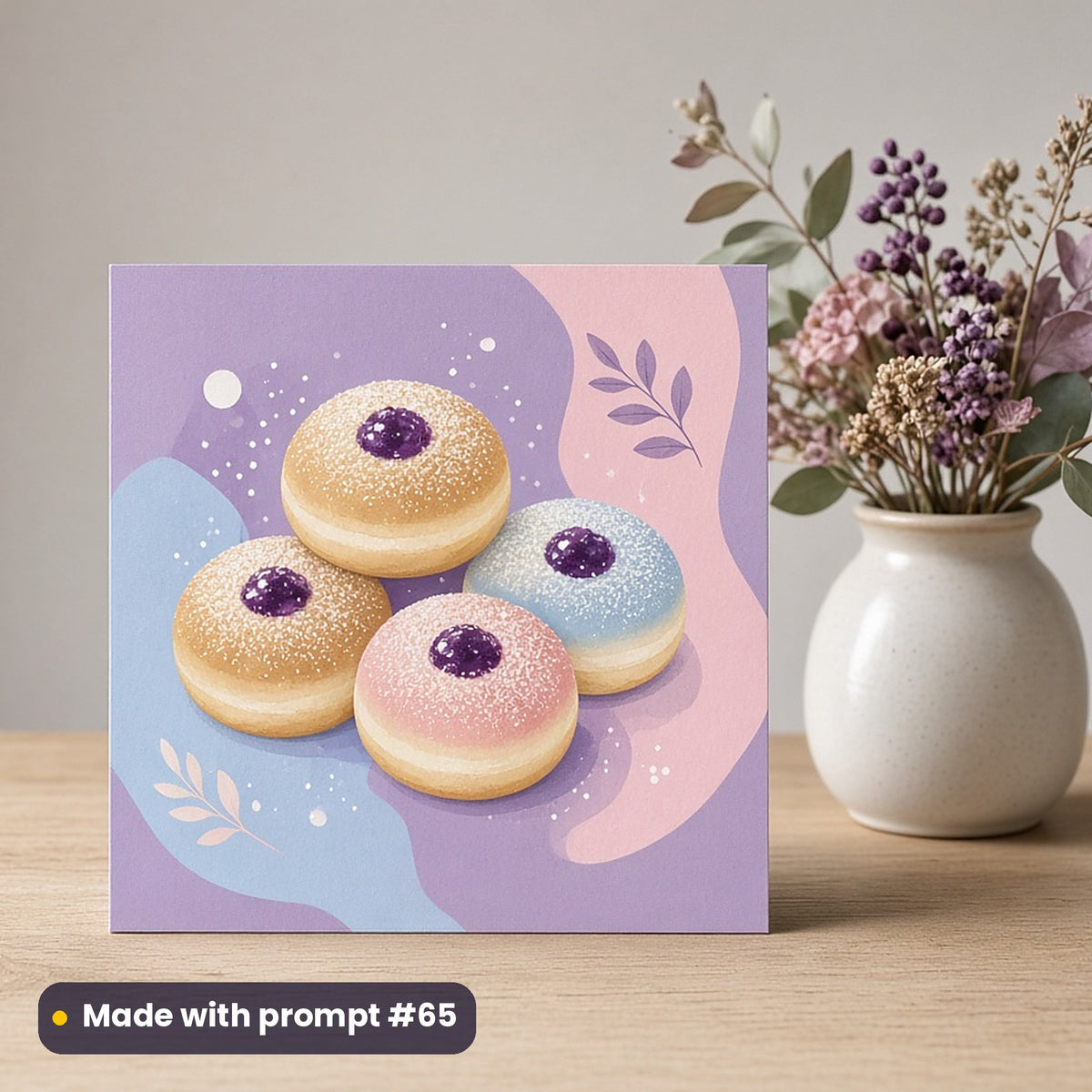 Hanukkah artwork printed on a flat-printed greeting card: jam-filled doughnuts dusted with sugar, modern scandinavian style, made with prompt #65 from this pack