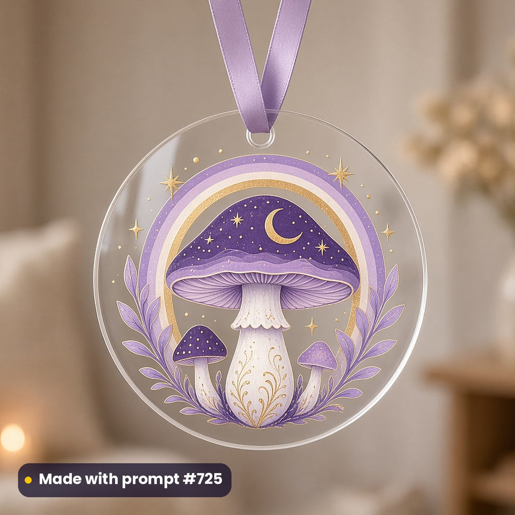 Myth & Fairytale artwork printed on a UV-printed clear acrylic ornament: rainbow fairy mushroom, minimal bold graphic style, made with prompt #725 from this pack