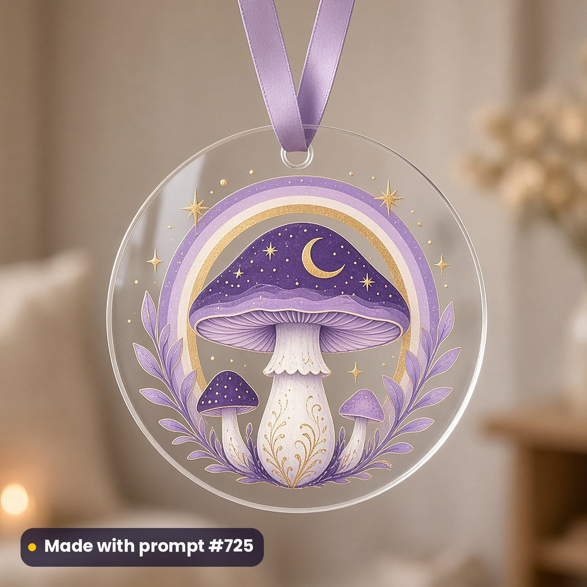 Myth & Fairytale artwork printed on a UV-printed clear acrylic ornament: rainbow fairy mushroom, minimal bold graphic style, made with prompt #725 from this pack