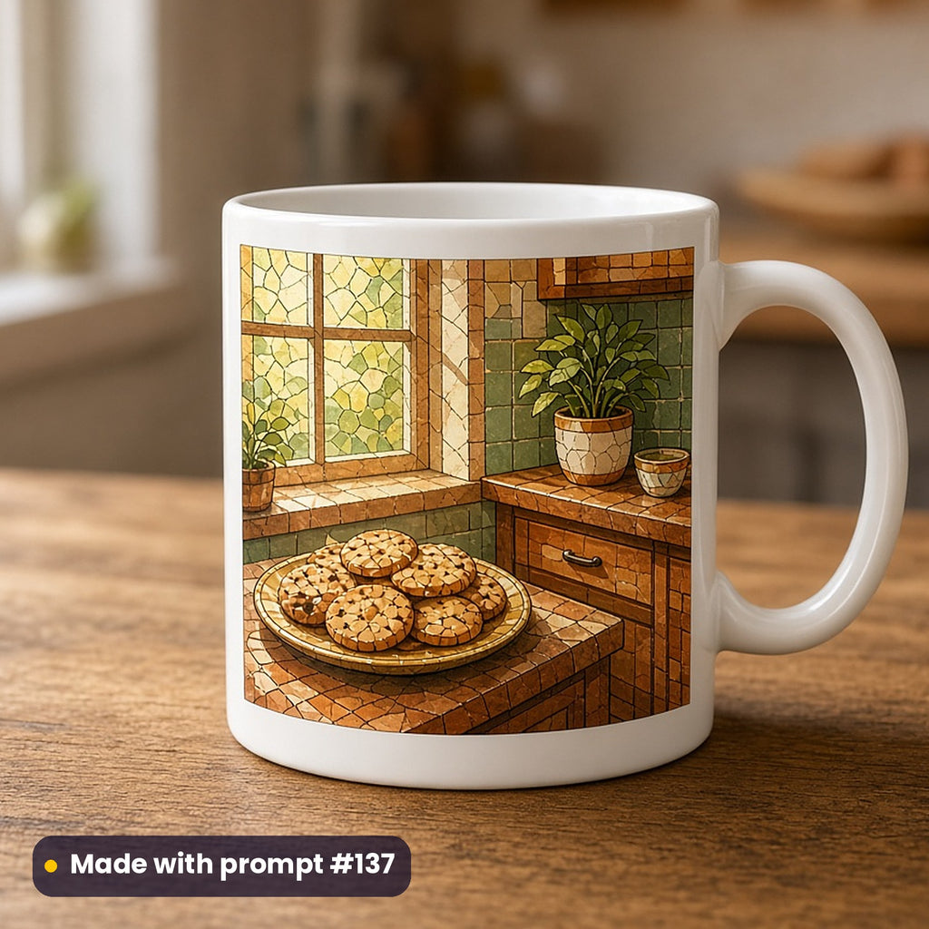 St Nicholas Day artwork printed on a UV-printed ceramic mug: warm kitchen with biscuits cooling by the window, mosaic jewel style, made with prompt #137 from this pack