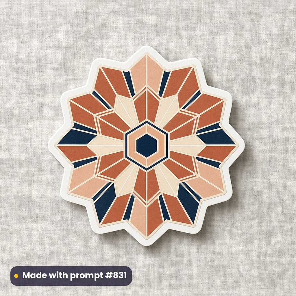 Geometric & Ornament artwork printed on a die-cut vinyl sticker: radiating hexagonal blossom, art deco style, made with prompt #831 from this pack