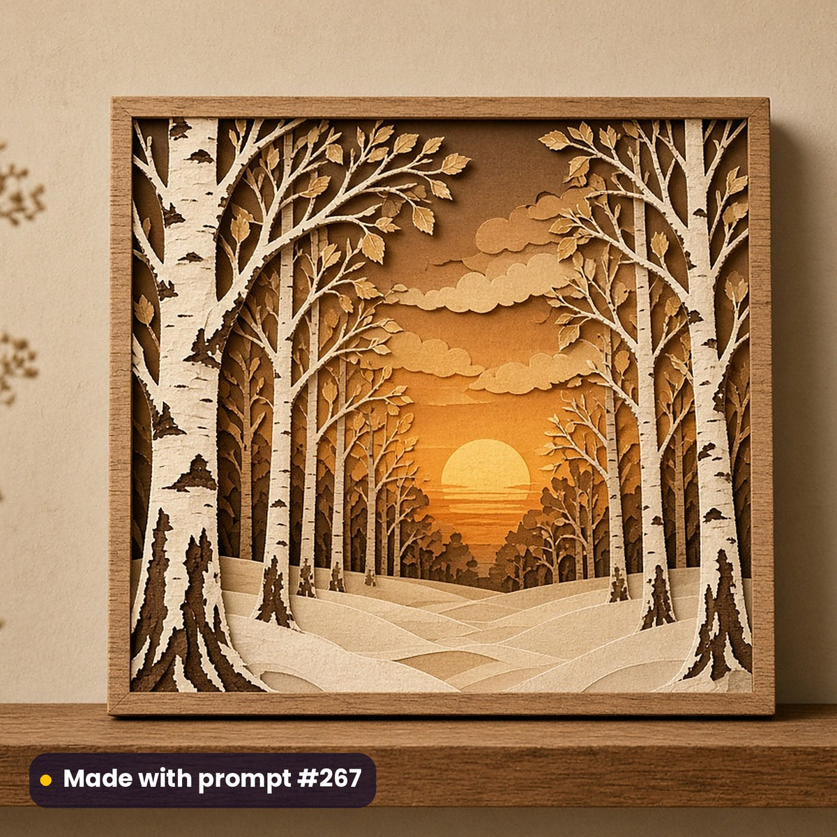 St Lucia's Day artwork printed on a UV-printed wooden plaque: snowy birch forest at dawn, papercut relief illusion style, made with prompt #267 from this pack