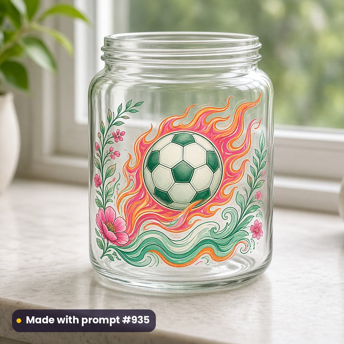 Sports & Hobbies artwork printed on a UV DTF decal on glass: football with dynamic flames, elegant line & floral style, made with prompt #935 from this pack