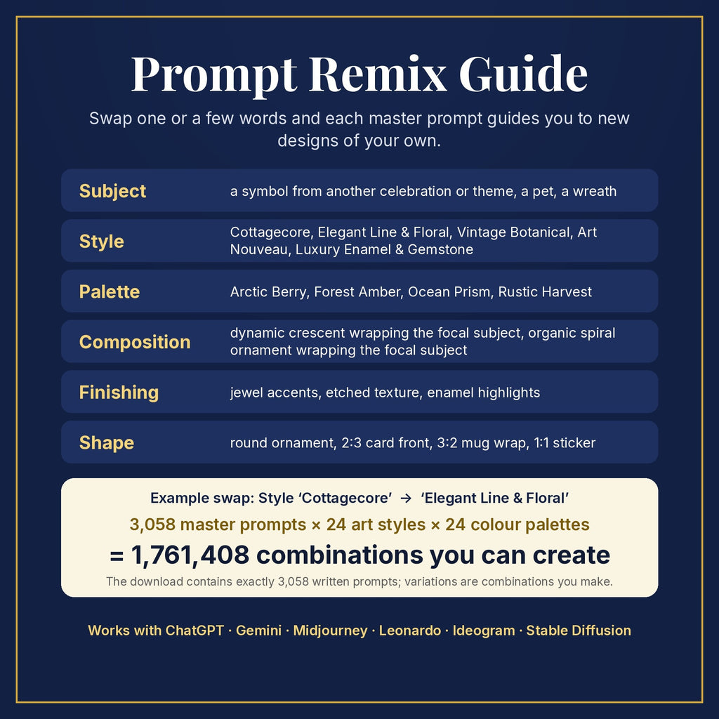 Prompt Remix Guide: swap subject, style, palette, composition, finishing and shape; 3,058 master prompts × 24 styles × 24 palettes = 1,761,408 combinations you can create