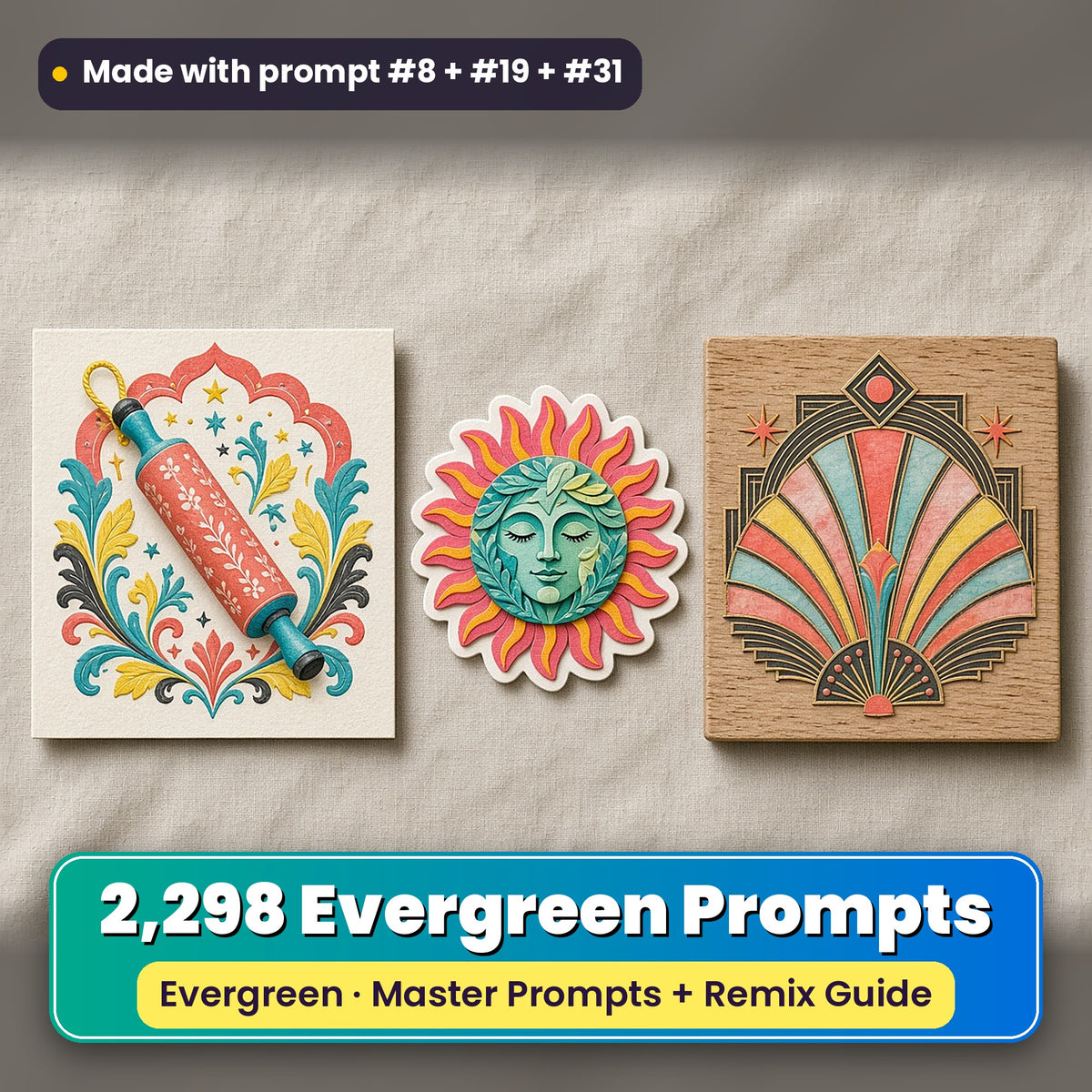 December Evergreen prompt library: 2,298 master prompts + Remix Guide, with a UV-printed greeting card, acrylic ornament and mug set made with prompts #8, #19 and #31