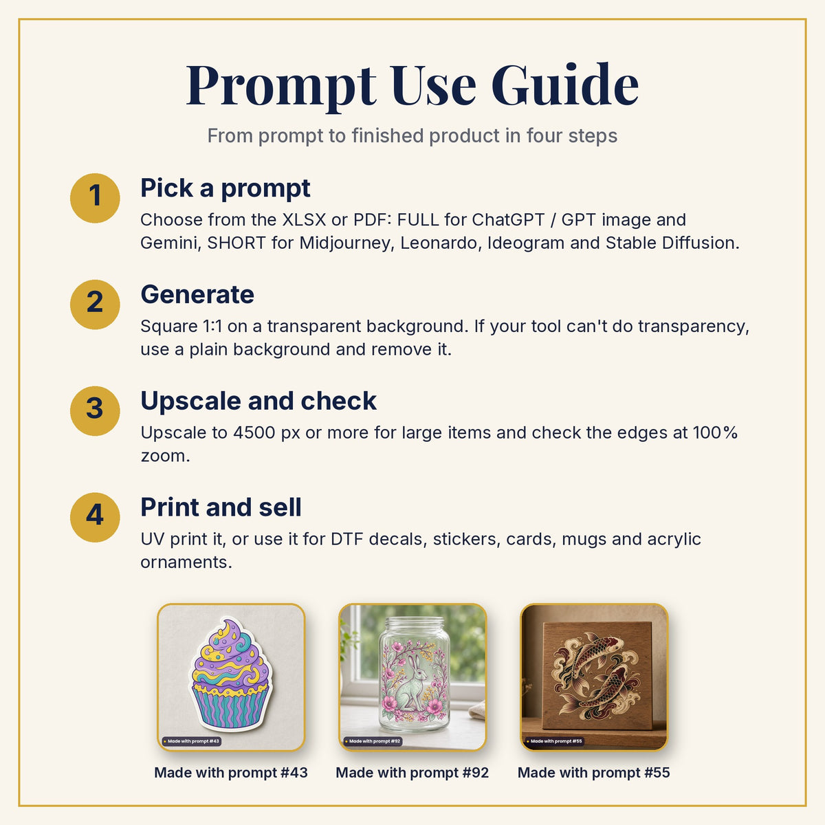 Prompt Use Guide: pick a prompt, generate, upscale and check, then print and sell, with example products made with prompts #43, #92 and #55