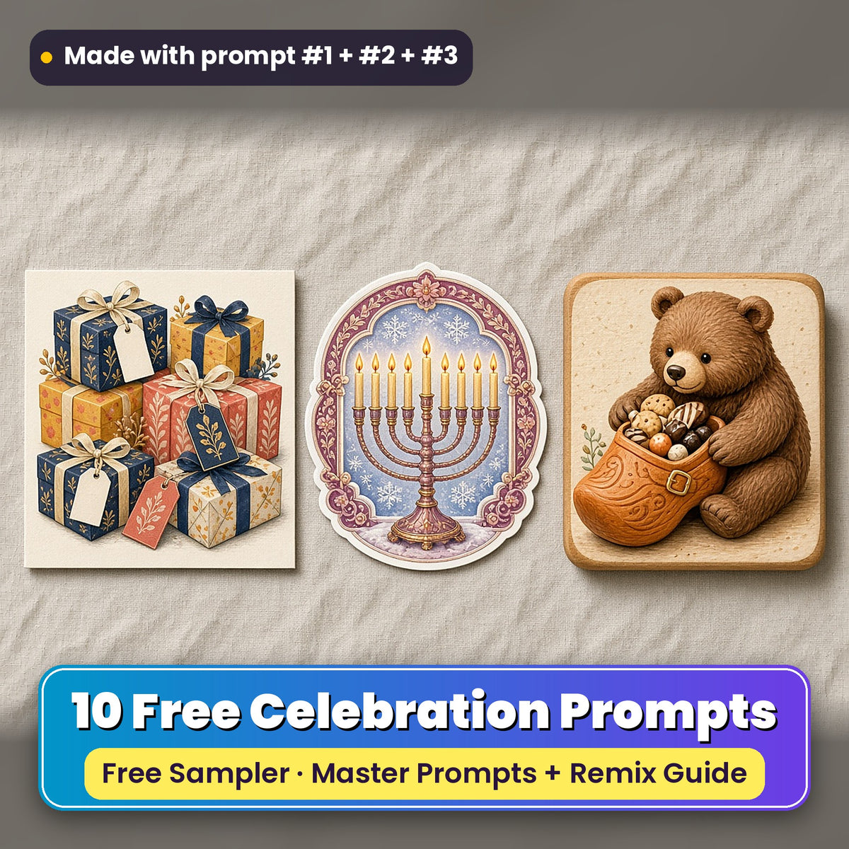 Worldwide Celebrations Free Prompt Sampler prompt pack: 10 master prompts + Remix Guide, with a UV-printed greeting card, acrylic ornament and mug set made with prompts #1, #2 and #3