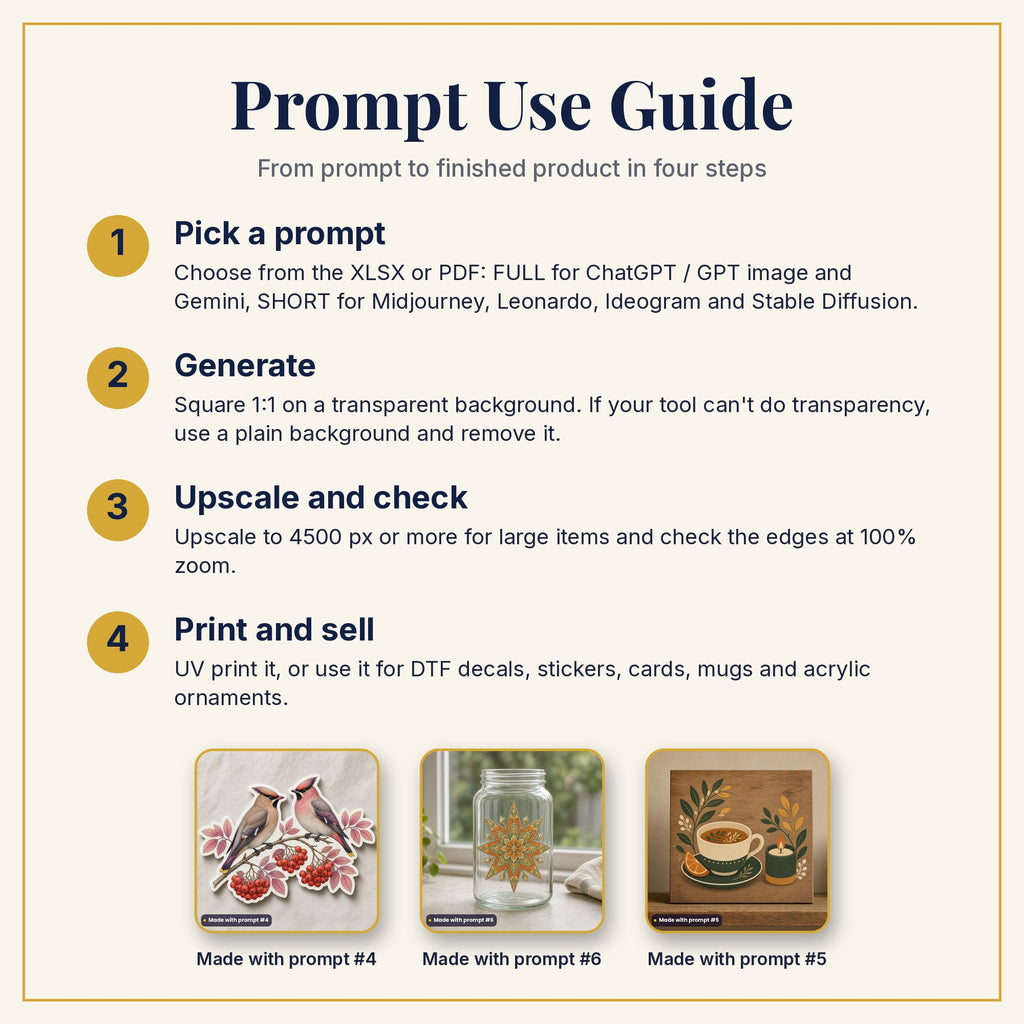 Prompt Use Guide: pick a prompt, generate, upscale and check, then print and sell, with example products made with prompts #4, #6 and #5