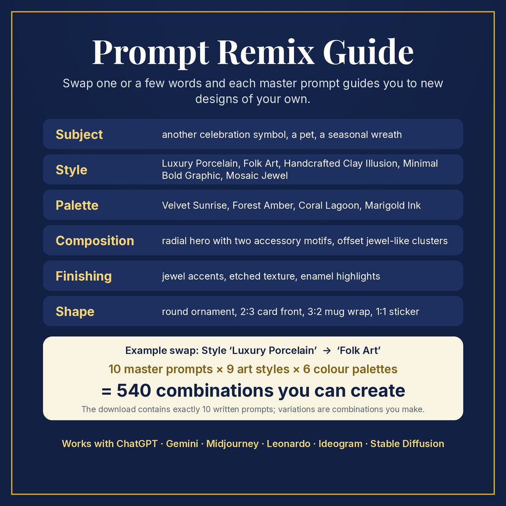 Prompt Remix Guide: swap subject, style, palette, composition, finishing and shape; 10 master prompts × 9 styles × 6 palettes = 540 combinations you can create
