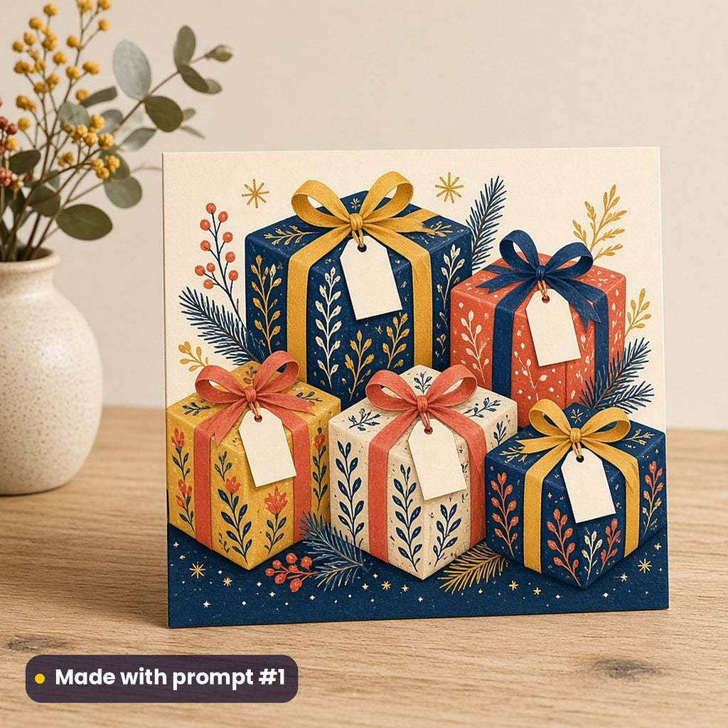 Christmas Day artwork printed on a flat-printed greeting card: Christmas morning gifts with tags and bows, folk art style, made with prompt #1 from this pack