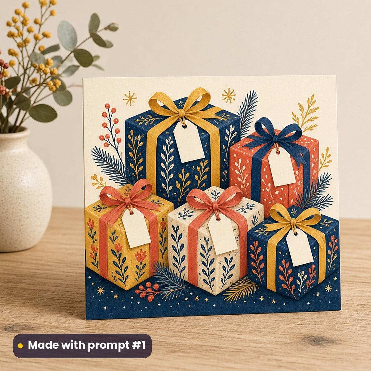 Christmas Day artwork printed on a flat-printed greeting card: Christmas morning gifts with tags and bows, folk art style, made with prompt #1 from this pack