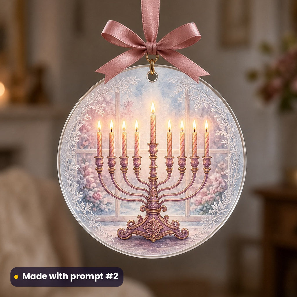 Hanukkah artwork printed on a UV-printed clear acrylic ornament: menorah glowing in a frosty window, luxury porcelain style, made with prompt #2 from this pack