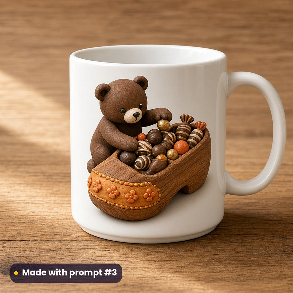 St Nicholas Day artwork printed on a UV-printed ceramic mug: cute bear filling a shoe with sweets, handcrafted clay illusion style, made with prompt #3 from this pack