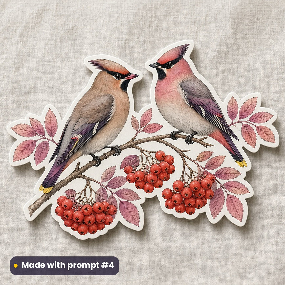 St Lucia's Day artwork printed on a die-cut vinyl sticker: waxwings on a rowan branch, luxury porcelain style, made with prompt #4 from this pack