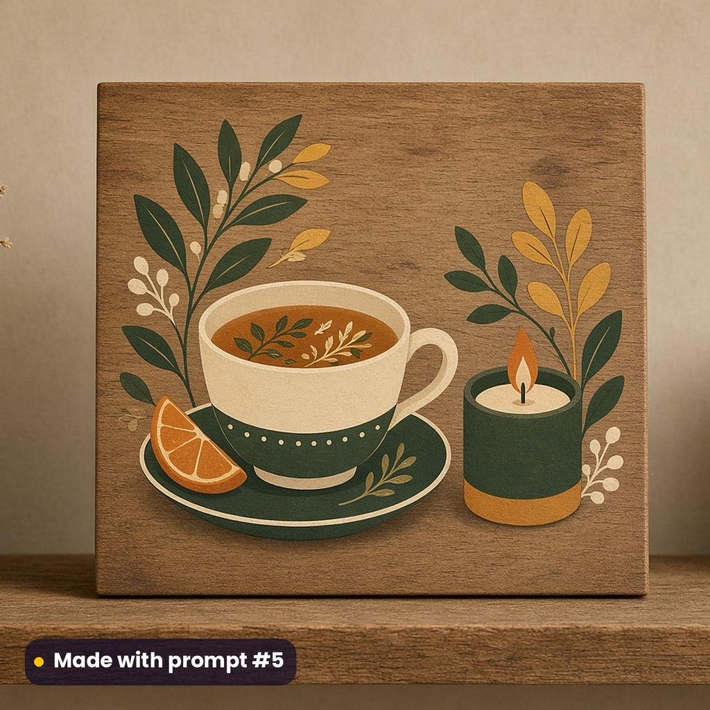 Winter Solstice & Yule artwork printed on a UV-printed wooden plaque: herbal tea with orange peel by a candle, minimal bold graphic style, made with prompt #5 from this pack