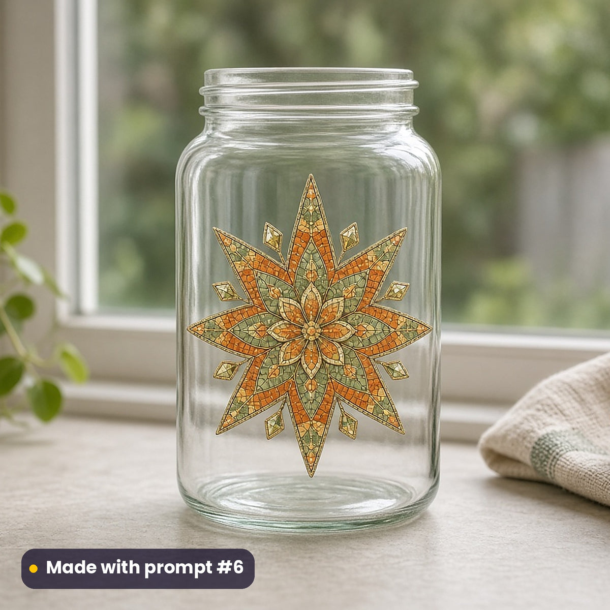 Christmas Eve artwork printed on a UV DTF decal on glass: heirloom tree topper star, mosaic jewel style, made with prompt #6 from this pack