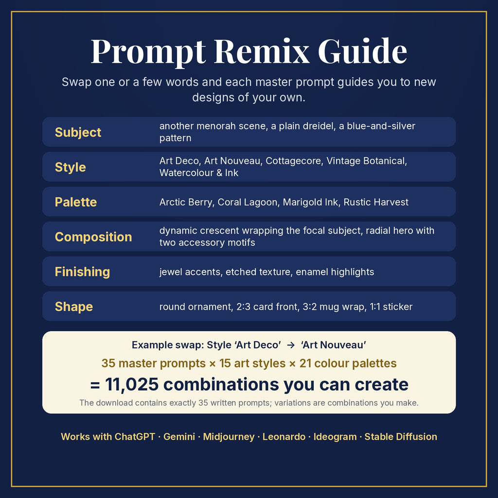 Prompt Remix Guide: swap subject, style, palette, composition, finishing and shape; 35 master prompts × 15 styles × 21 palettes = 11,025 combinations you can create