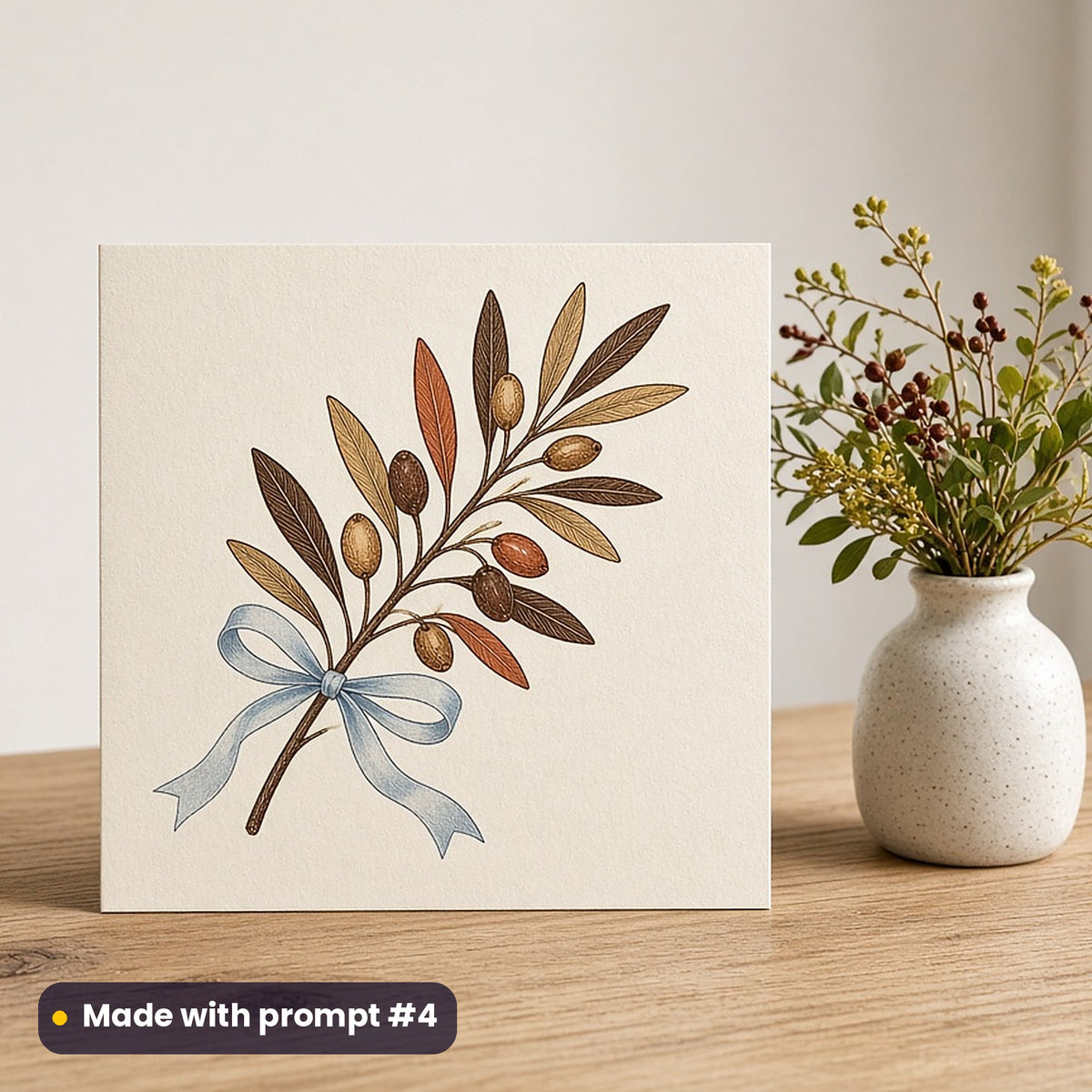 Hanukkah artwork printed on a flat-printed greeting card: olive sprig tied with a pale blue ribbon, elegant line & floral style, made with prompt #4 from this pack
