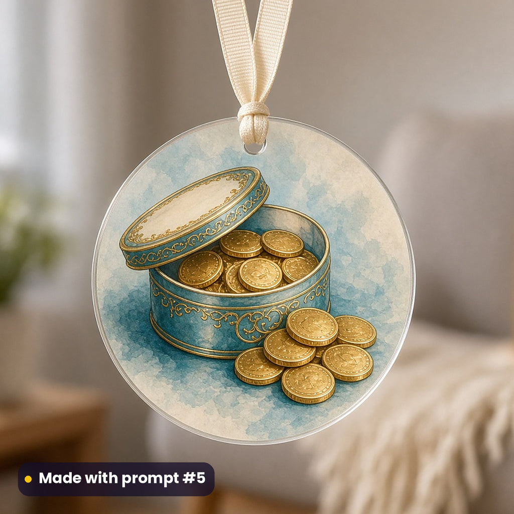Hanukkah artwork printed on a UV-printed clear acrylic ornament: a plain vintage tin of chocolate coins with simple scrollwork, vintage botanical style, made with prompt #5 from this pack